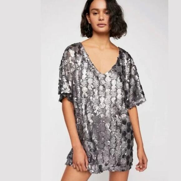 Free People Size XXS Gray Sequin Mini Dress V-Neck Party - Picture 7 of 7